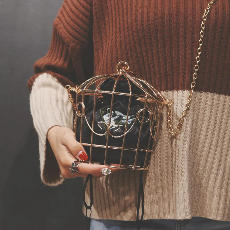 Women's Birdcage Evening Bag Metal Frame Embroidery Bucket Clutch