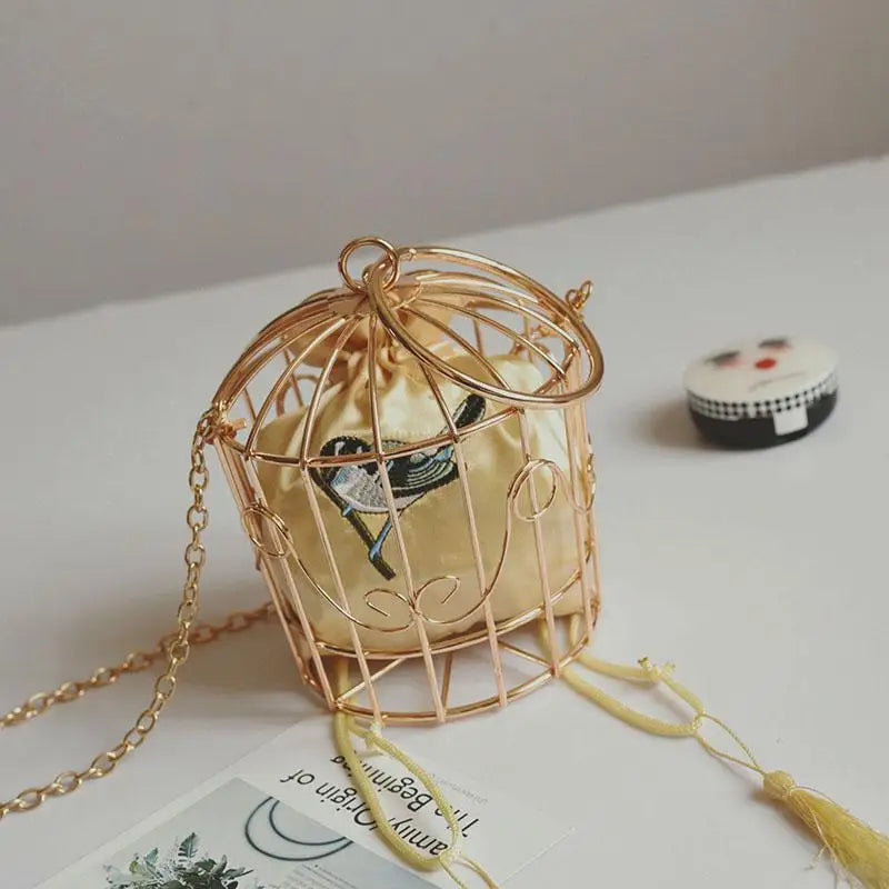 Women's Birdcage Evening Bag Metal Frame Embroidery Bucket Clutch