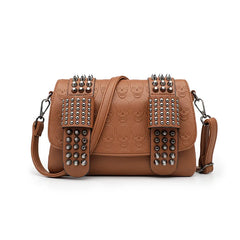 Women's Vintage Leather Messenger Bag Crossbody Skull Rivets Hand Shoulder Bag