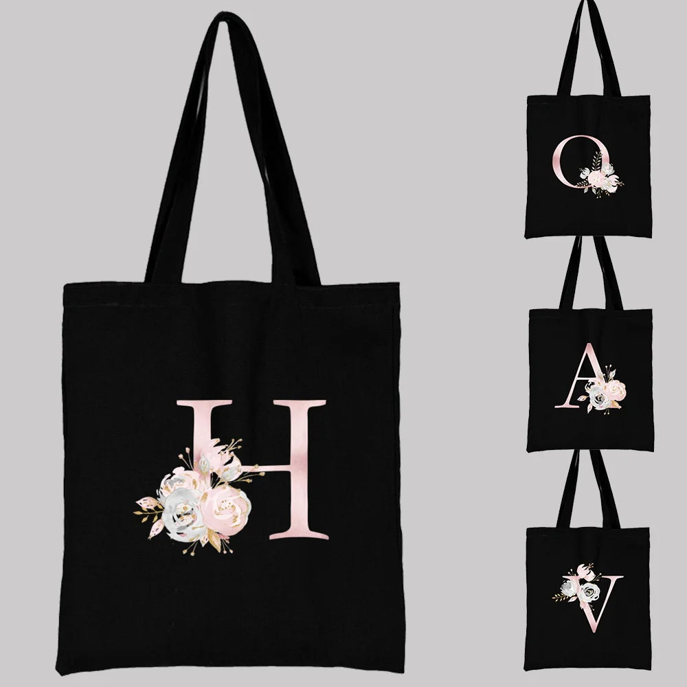 Pink Flower Letter Pattern Canvas Shoulder Bag
