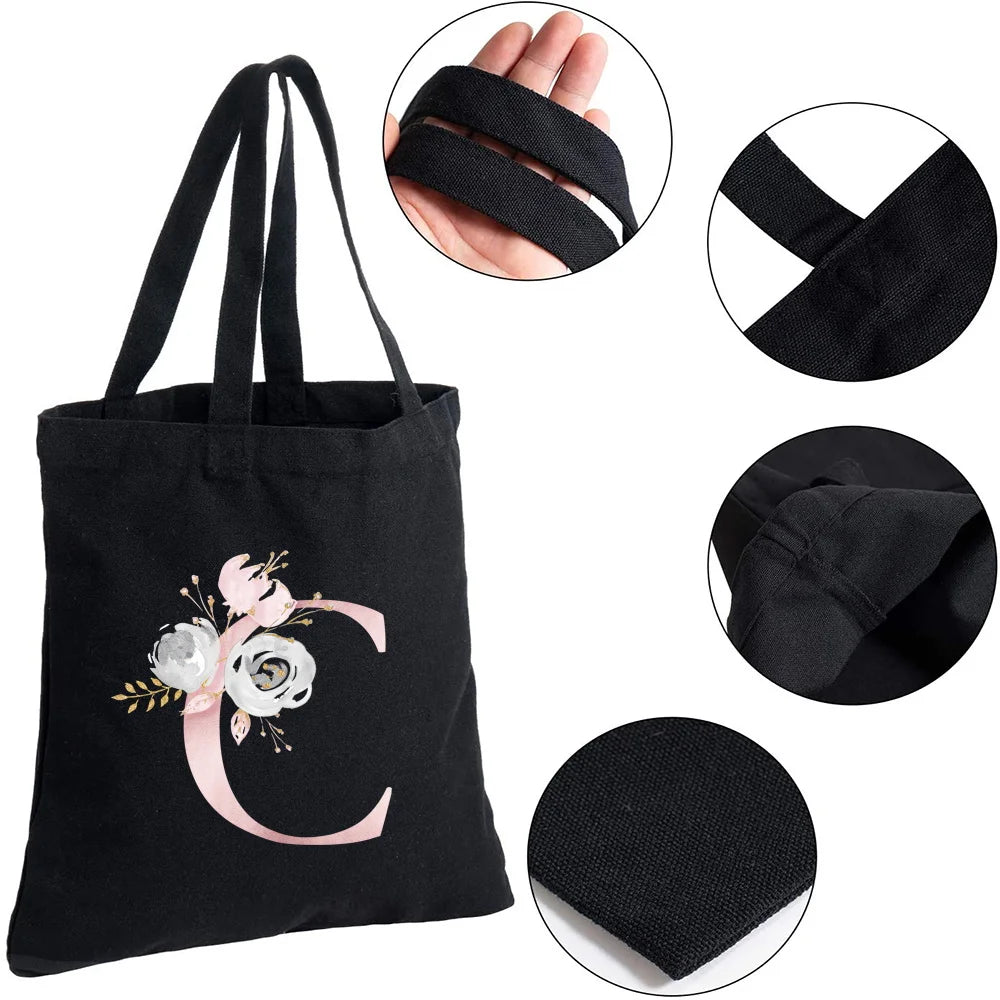 Pink Flower Letter Pattern Canvas Shoulder Bag