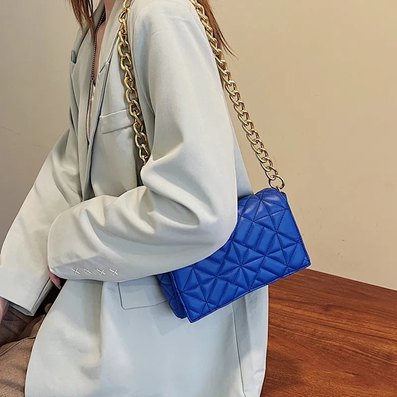 Quilted Shoulder Bag Thick Chain Pu Leather Handbags Small Flap Bag