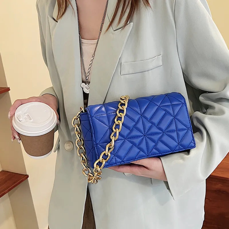 Quilted Shoulder Bag Thick Chain Pu Leather Handbags Small Flap Bag