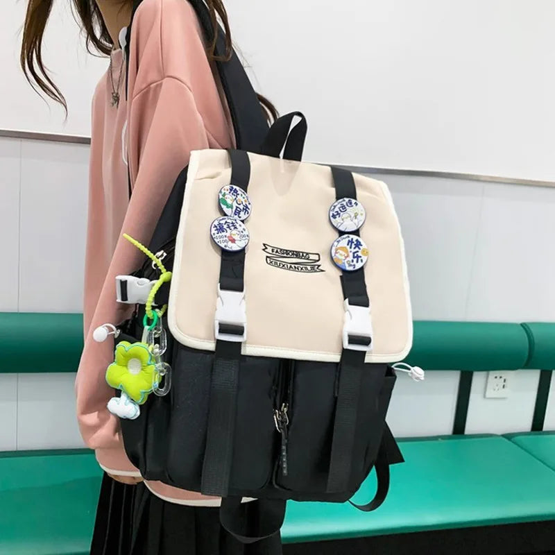 Women's Canvas Backpack Student Bag Large Capacity Contrast Bag