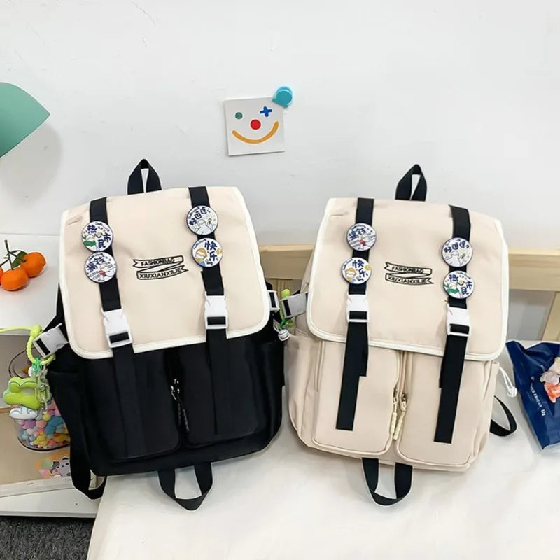 Women's Canvas Backpack Student Bag Large Capacity Contrast Bag