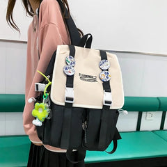 Women's Canvas Backpack Student Bag Large Capacity Contrast Bag