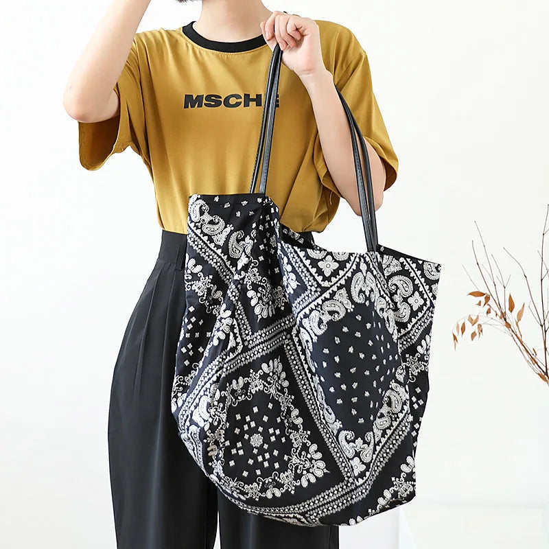 Women's Canvas Bag Stitching Pattern Handbag Large Capacity