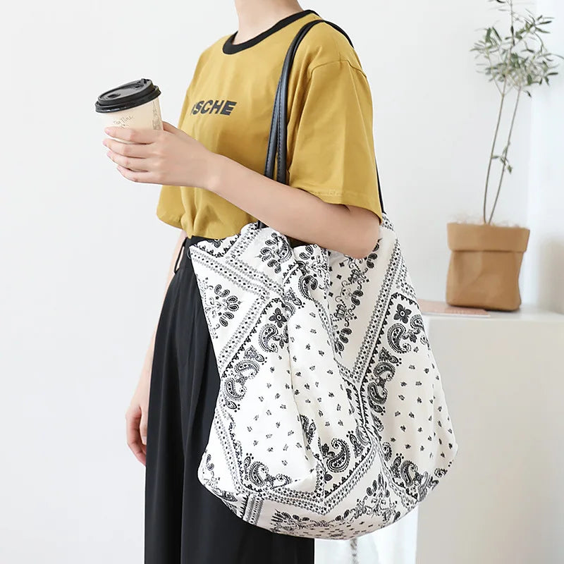 Women's Canvas Bag Stitching Pattern Handbag Large Capacity