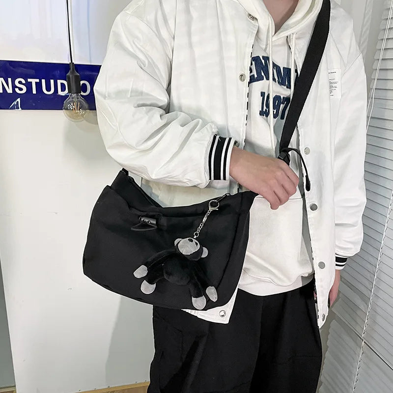 Japanese Style Canvas Shoulder Bag Harajuku Messenger Unisex Drawstring