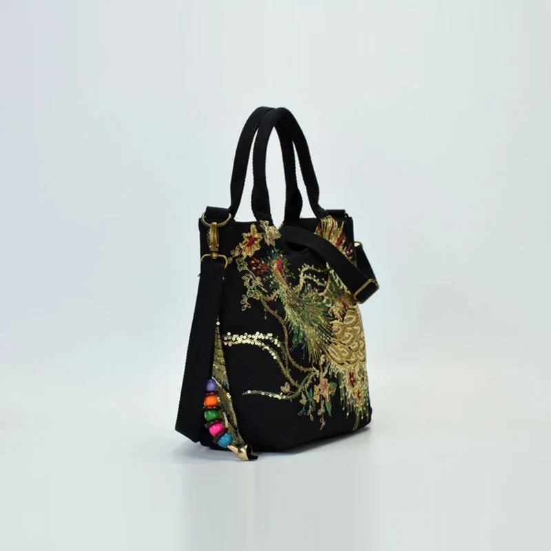 Women's Canvas Embroidered Peacock Vintage Handbag Shoulder Bags