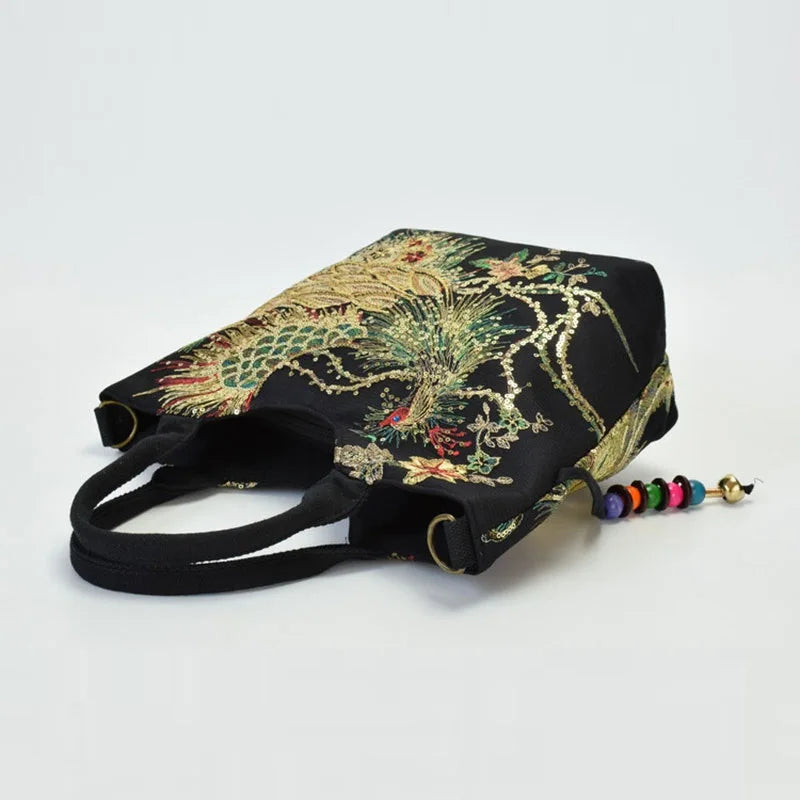 Women's Canvas Embroidered Peacock Vintage Handbag Shoulder Bags