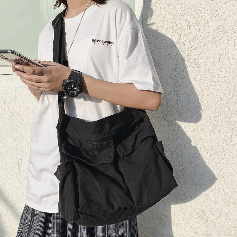 Women's Canvas Shoulder Bags Casual Tote Large Capacity Solid Crossbody Bag