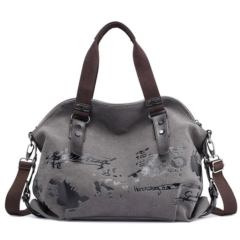 Vintage Graffiti Print Canvas Shoulder Bag