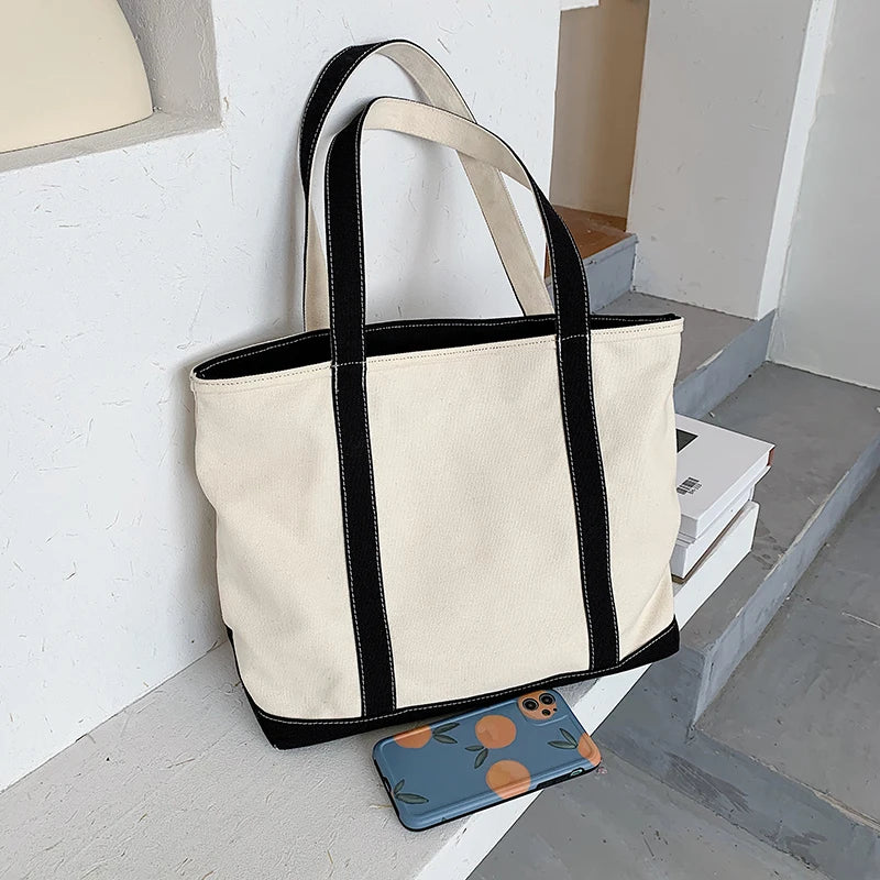 Canvas Striped Handbag Large Capacity Single Shoulder Bag For Female