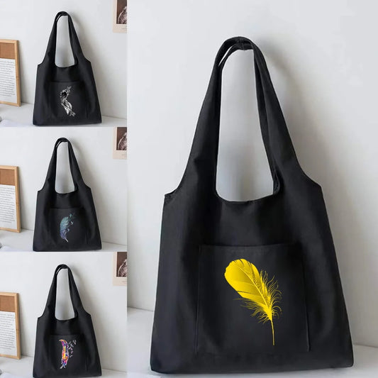 Feather Print Canvas Tote Bag Large Capacity Shoulder Handbag