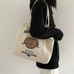 Women's Beige Canvas Shoulder Bag Dog Student Girls Large Capacity Handbag
