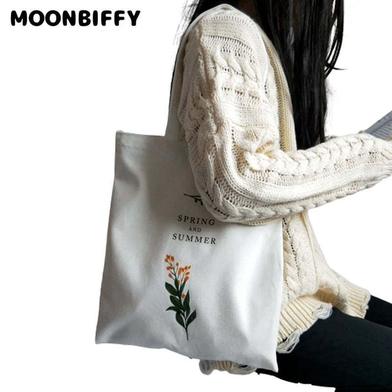 Women's Canvas Shoulder Bag Flowers Printing Shopping Eco Reusable Tote Handbag