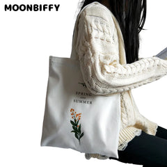 Women's Canvas Shoulder Bag Flowers Printing Shopping Eco Reusable Tote Handbag