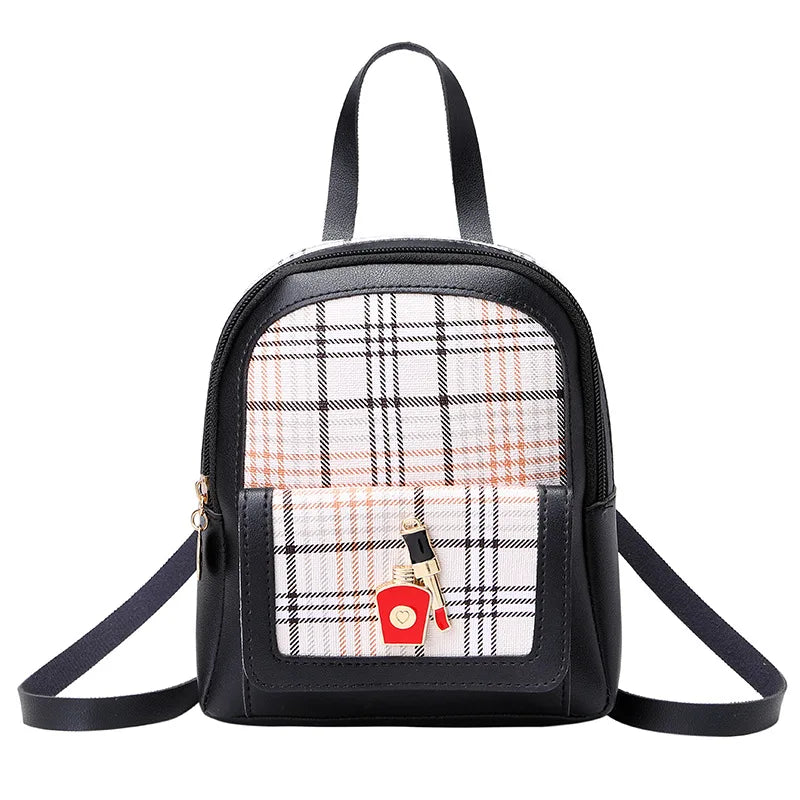 Women's Plaid Pattern PU Backpack Mini Rucksack Faux Leather Shoulder Bag