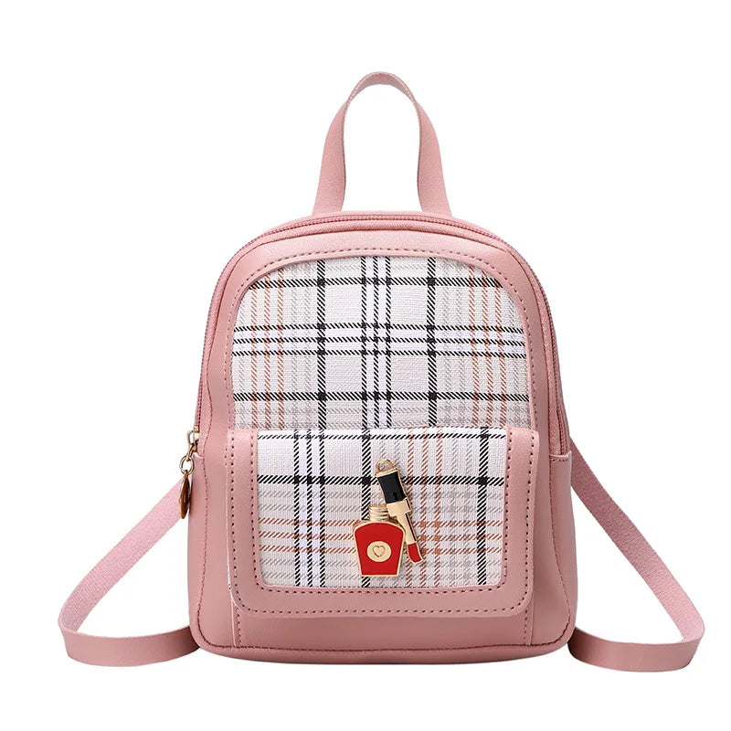 Women's Plaid Pattern PU Backpack Mini Rucksack Faux Leather Shoulder Bag