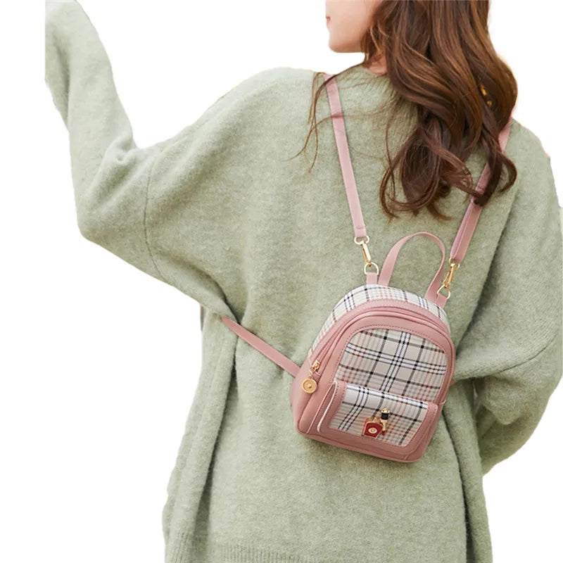 Women's Plaid Pattern PU Backpack Mini Rucksack Faux Leather Shoulder Bag
