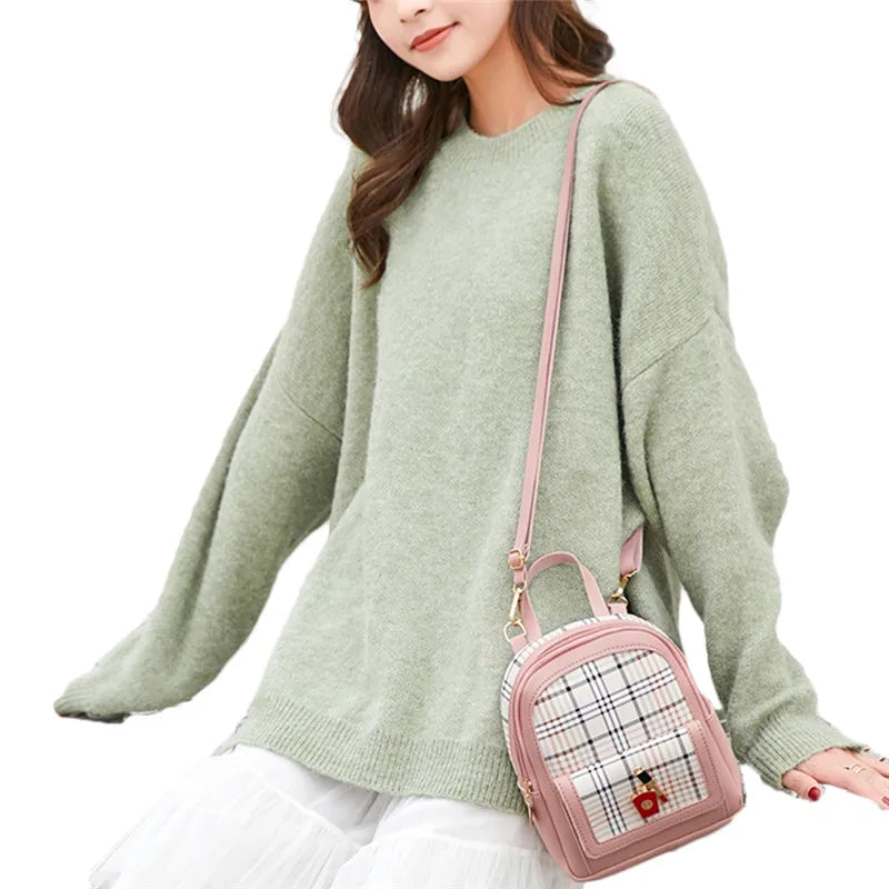 Women's Plaid Pattern PU Backpack Mini Rucksack Faux Leather Shoulder Bag