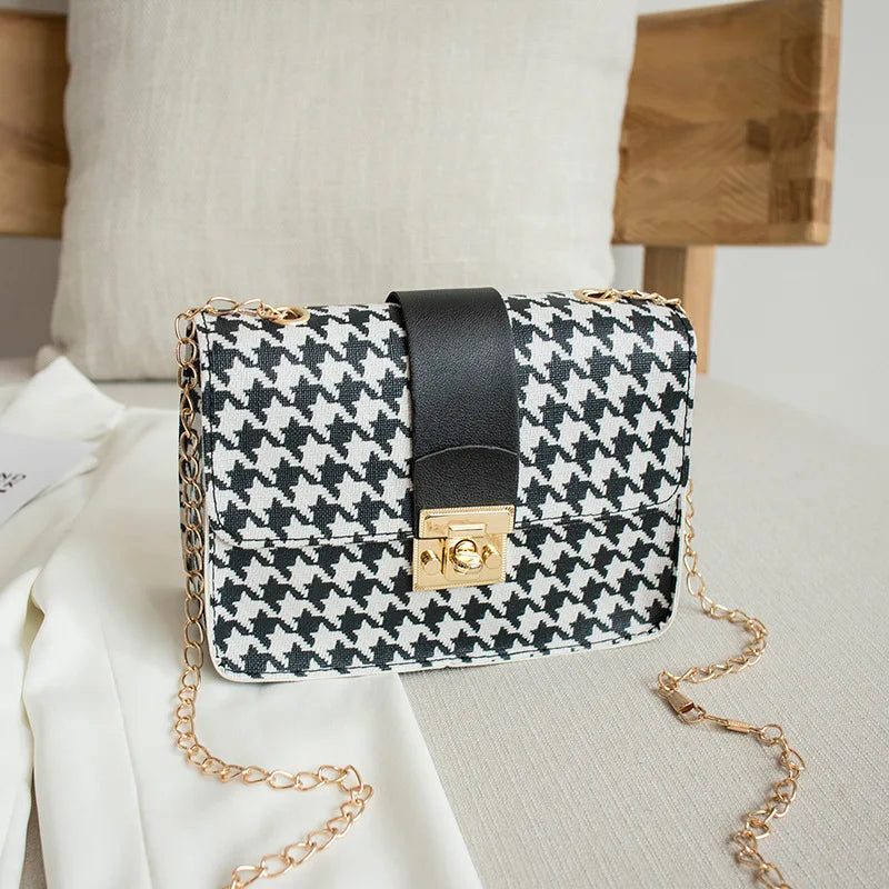 Crocodile Grain Small Square Bag Lock Chain Shoulder Crossbody Bag