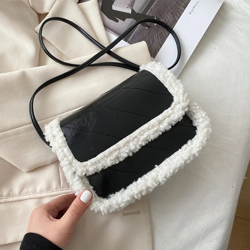 Women's Lambhair Crossbody Bag PU Leather Shoulder Saddle HandBag
