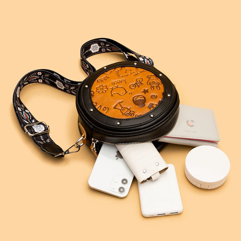 Retro Cartoon Leather Shoulder Bag for Women