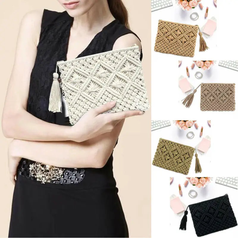 Women's Tassel Clutch Bag Portable Rope Weaving Bag