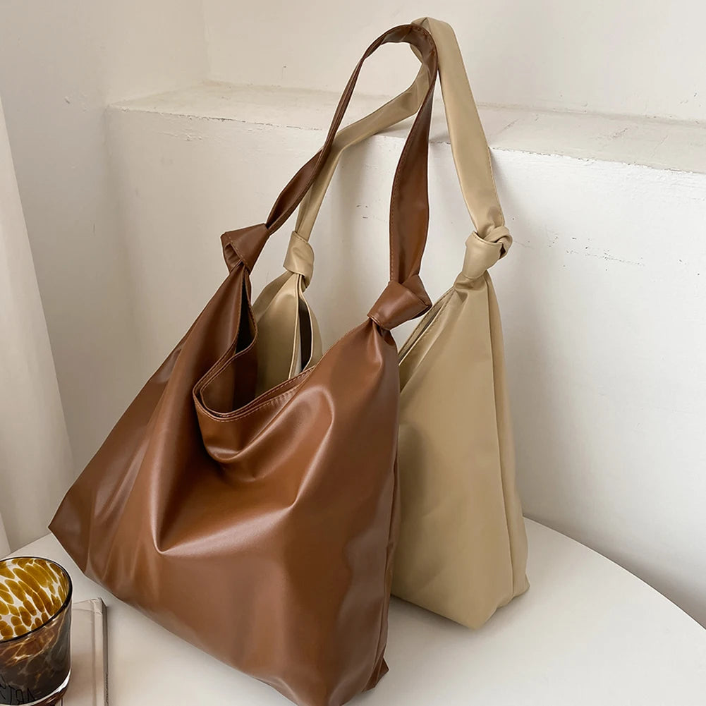 Women's Soft PU Shoulder Bag Solid Bucket Bag Large Capacity Tote