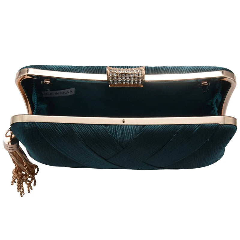Women's Silk Satin Evening Clutch Bag with Tassel Pendant