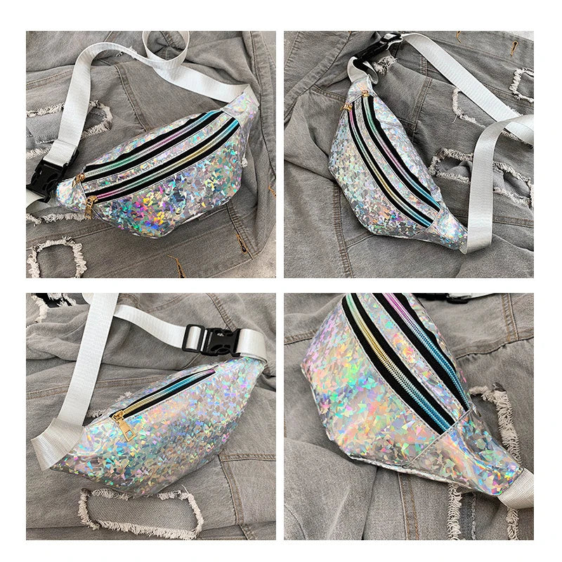 Women's Holographic Waist Bag Phone Wallet Silver Sequin Belt Bag