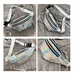 Women's Holographic Waist Bag Phone Wallet Silver Sequin Belt Bag
