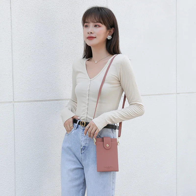 Women's PU Leather Mobile Phone Bag Solid Shoulder Messenger Bag
