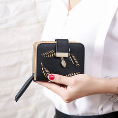 Women's Zipper Purse Leather Cutout Leaf Wallet Clutch
