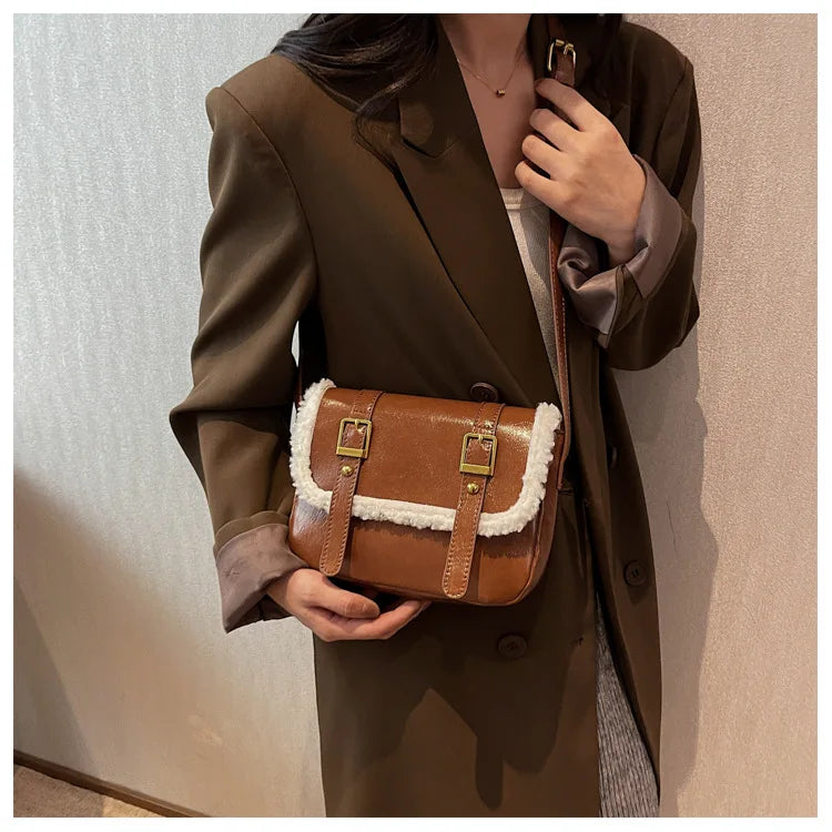 Women's One Shoulder Messenger Bag Retro Texture Ladies Bag Plush Handbag
