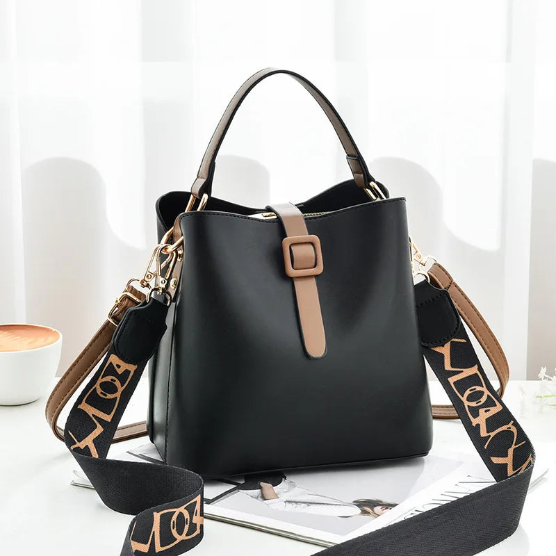 Women's Wide Shoulder Strap Crossbody Bucket Bag Versatile High Shoulder Handbag