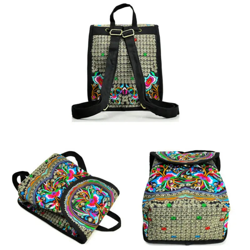 Floral Embroidered Backpack Travel Shoulder Rucksack Gift