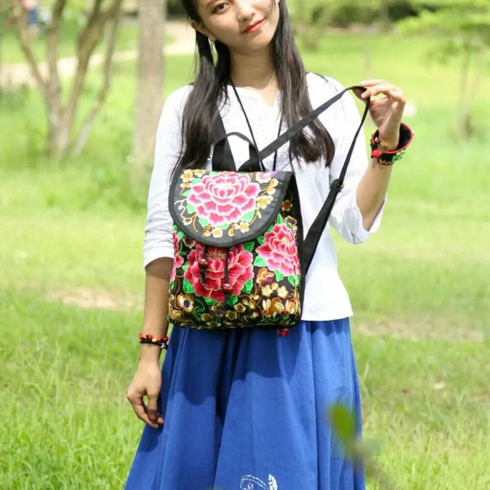 Floral Embroidered Backpack Travel Shoulder Rucksack Gift