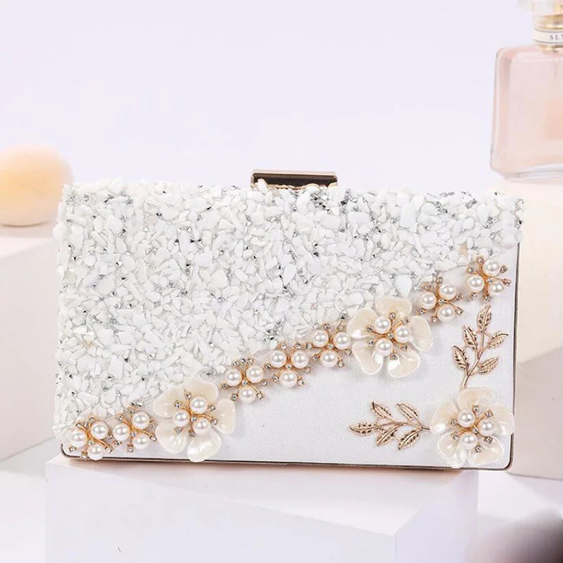 Flower Wedding Clutches Evening Bag Party Purse with Rhinestone Chain