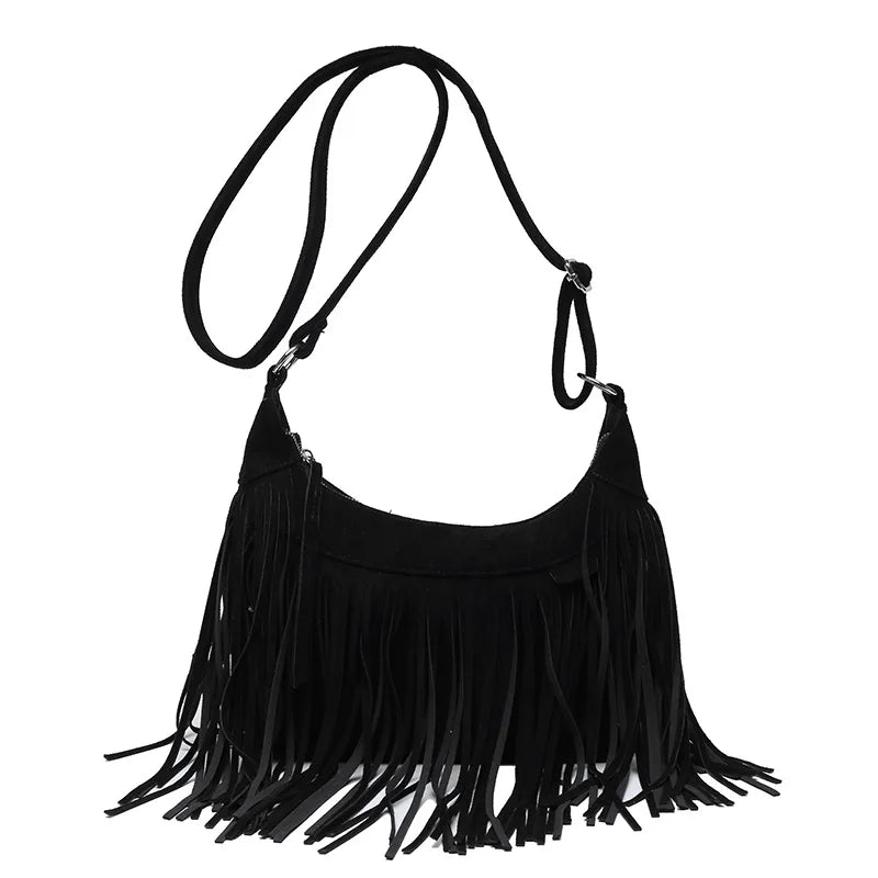 Women's Fringed Leather Shoulder Bag with Adjustable Knitting Strap