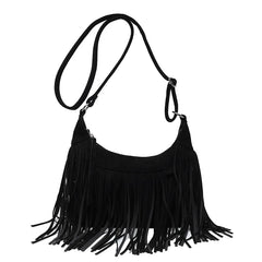Women's Fringed Leather Shoulder Bag with Adjustable Knitting Strap