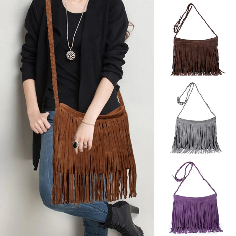 Fringed Leather Shoulder Bag with Knitting Strap
