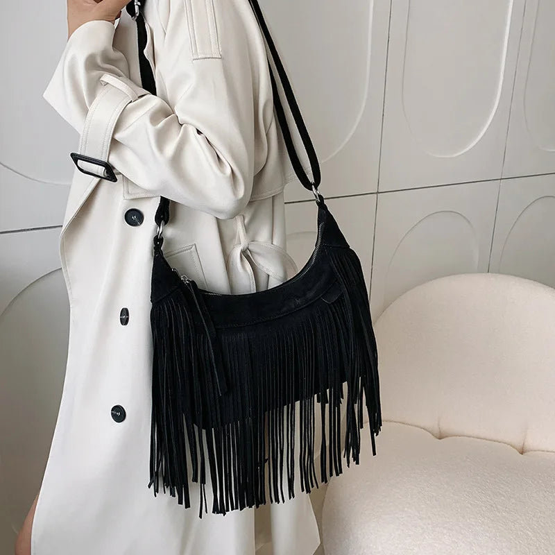Women's Fringed Leather Shoulder Bag with Adjustable Knitting Strap