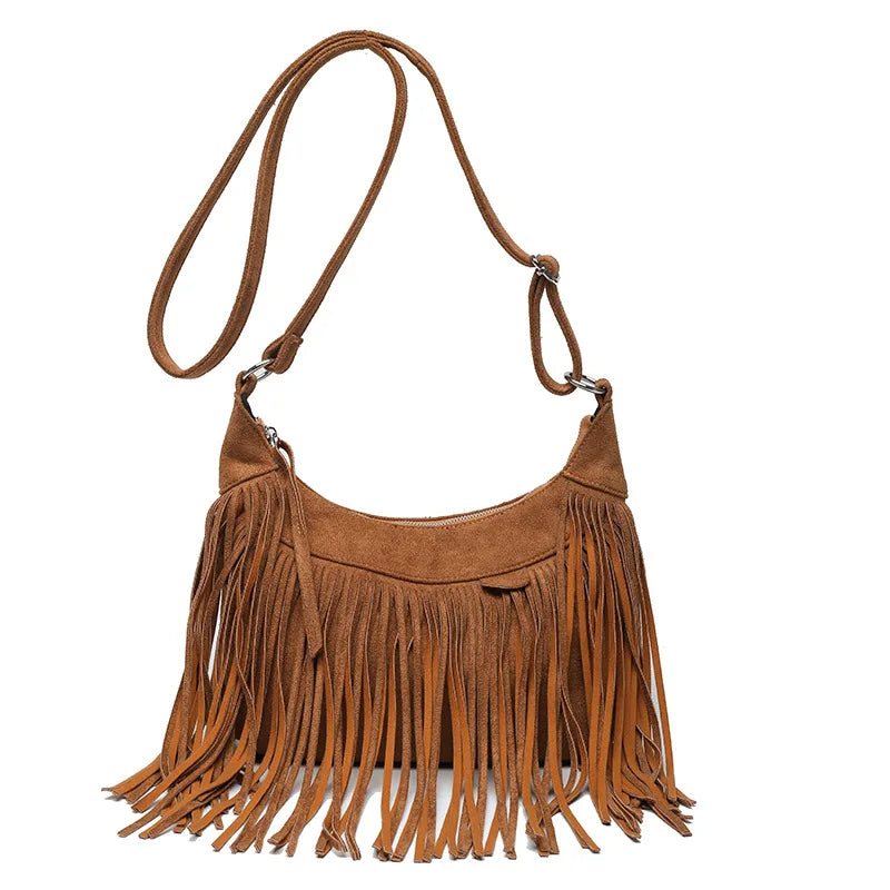 Women's Fringed Leather Shoulder Bag with Adjustable Knitting Strap