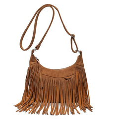 Women's Fringed Leather Shoulder Bag with Adjustable Knitting Strap