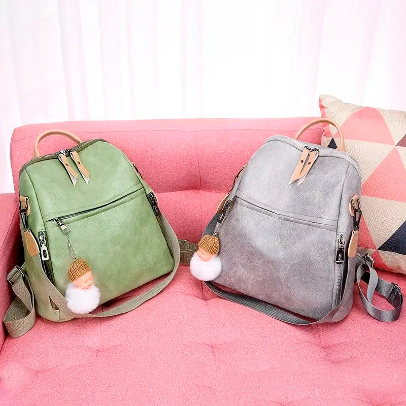 Women's Green Backpack High Wild Soft Pu Leather Leisure Travel Large Capacity B