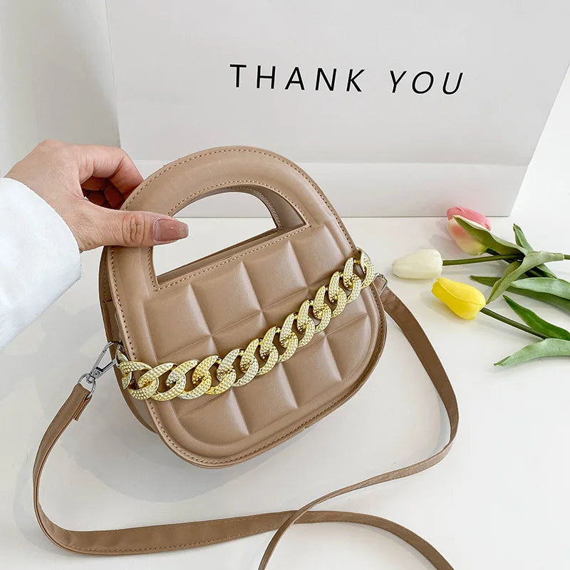 Retro Plaid Chain Small Square Bag Women's High Pu Leather Bag