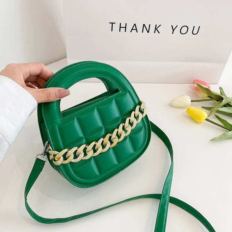Retro Plaid Chain Small Square Bag Women's High Pu Leather Bag